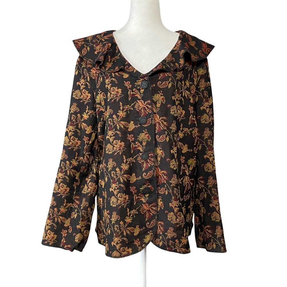 J Jill Jacket Womens XL Black Wool Floral Paisley Tweed Button Front Dressy